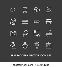 Modern, simple vector icon set on dark background with blank, interior, up, sea, sign, tag, space, decoration, jug, mobile, cell, communication, modern, food, vessel, upstairs, vase, web, book icons