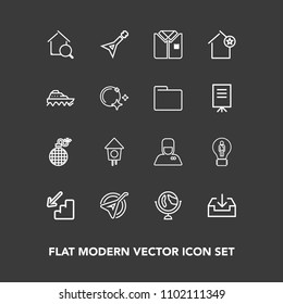 Modern, simple vector icon set on dark background with shirt, wooden, service, folk, sign, map, fashion, bellhop, hospitality, musical, house, concept, guitar, web, string, estate, bomb, up icons