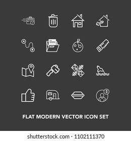 Modern, simple vector icon set on dark background with technology, search, traffic, drink, account, vehicle, business, water, clean, van, financial, can, bin, axe, map, global, tool, burger, web icons