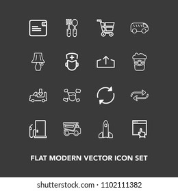 Modern, simple vector icon set on dark background with dinner, transportation, male, kitchen, refresh, transport, replacement, website, replace, vehicle, click, man, launch, mouse, reload, dump icons