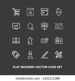 Modern, simple vector icon set on dark background with space, communication, person, antenna, shop, chessboard, tag, cart, wireless, hand, bathroom, wc, people, global, sale, chess, credit, bank icons