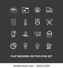Modern, simple vector icon set on dark background with graph, bucket, electricity, diving, mask, folder, glass, keyboard, grill, business, wooden, presentation, ball, technology, morning, bird icons