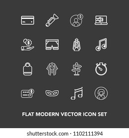 Modern, simple vector icon set on dark background with sound, young, egyptian, ancient, celebration, way, timer, girl, watch, bank, mask, leather, carnival, object, balance, card, trumpet, money icons