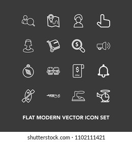 Modern, simple vector icon set on dark background with internet, sport, transport, east, strike, clothes, housework, female, paddle, air, fight, direction, domestic, canoe, bell, online, oar icons