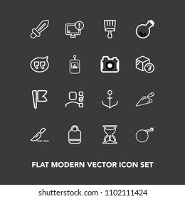 Modern, simple vector icon set on dark background with flag, clock, nuclear, timer, personal, office, nautical, doctor, task, monitor, internet, bag, bomb, time, blade, fashion, nation, sword icons