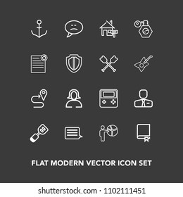 Modern, simple vector icon set on dark background with map, woman, wheel, employer, message, speech, people, young, girl, job, rent, house, sign, presentation, lady, meeting, web, nautical, helm icons