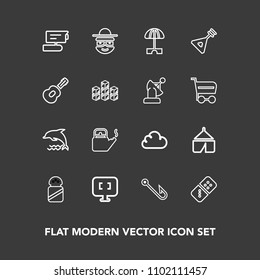 Modern, simple vector icon set on dark background with view, ingredient, camera, salt, row, rod, animal, adventure, kitchen, steam, water, video, tv, laptop, parasol, kettle, cloud, camp, fish icons