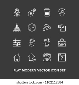 Modern, simple vector icon set on dark background with object, architecture, metal, cycle, old, property, electricity, bag, point, center, fahrenheit, web, can, internet, thermometer, telephone icons