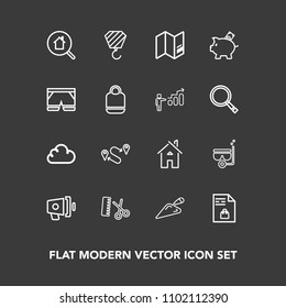 Modern, simple vector icon set on dark background with professional, map, home, bank, estate, hair, world, hairdresser, sea, notebook, point, money, white, loud, snorkel, building, investment icons