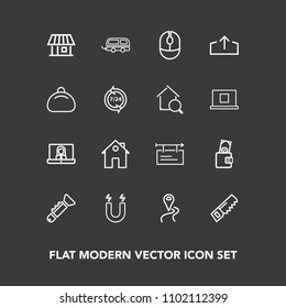 Modern, simple vector icon set on dark background with hammer, computer, bugle, location, magnetic, communication, pole, vehicle, sign, real, transportation, mouse, road, video, wallet, map, saw icons
