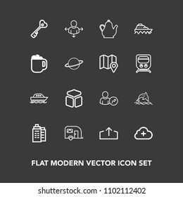 Modern, simple vector icon set on dark background with cafe, estate, space, traffic, kitchen, mug, dolphin, square, coffee, boat, internet, upload, key, hot, house, cloud, vehicle, security, van icons