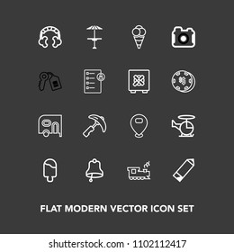 Modern, simple vector icon set on dark background with music, camera, train, sweet, photographer, bar, headset, alarm, map, sign, van, ring, photography, car, crane, location, audio, travel, ice icons