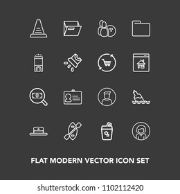 Modern, simple vector icon set on dark background with paper, paddle, head, glass, folder, summer, boat, up, blank, male, lady, face, business, identity, identification, ladder, fashion, sport icons