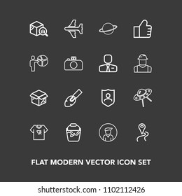 Modern, simple vector icon set on dark background with spaceship, tshirt, shovel, boy, male, new, business, flight, clean, protection, unpacking, protect, technology, astronomy, shield, planet icons