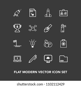 Modern, simple vector icon set on dark background with computer, astronomy, telescope, cloud, blue, retail, sky, bowling, screen, launch, sale, pin, sport, beach, gift, hand, concept, notebook icons