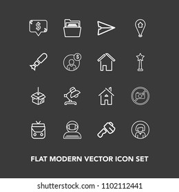 Modern, simple vector icon set on dark background with blank, email, spacesuit, leather, upload, style, axe, home, space, price, folder, bag, architecture, tool, building, package, file, frame icons