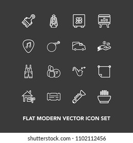 Modern, simple vector icon set on dark background with wear, soup, ball, vintage, work, white, note, coupon, jazz, lamp, property, bank, office, hot, home, safe, pin, paintbrush, clothing, bugle icons