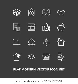 Modern, simple vector icon set on dark background with technology, pharmacy, mobile, fashion, body, price, health, sun, cell, curtain, sea, favorite, travel, tag, exercise, human, shop, boat icons
