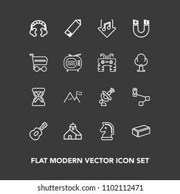 Modern, simple vector icon set on dark background with satellite, game, audio, magnetic, technology, clock, time, musical, shop, chess, science, sound, trolley, headset, sand, field, location icons