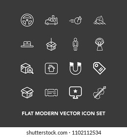 Modern, simple vector icon set on dark background with magnetic, estate, new, late, computer, unpacking, tool, building, laboratory, field, lorry, transportation, report, trend, entertainment icons