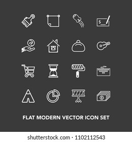 Modern, simple vector icon set on dark background with shop, work, clock, trolley, paper, drum, computer, rocket, , brush, pie, roller, technology, space, instrument, roll, business, message icons