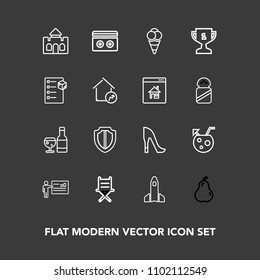Modern, simple vector icon set on dark background with people, style, seat, stereo, drink, building, rocket, female, shoe, security, glass, ice, pear, space, shield, protection, red, sound, food icons