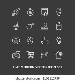 Modern, simple vector icon set on dark background with mouse, trolley, button, home, direction, favorite, compass, shuttle, shop, development, north, launch, open, click, protection, fashion icons