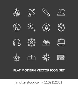 Modern, simple vector icon set on dark background with bag, package, sound, map, music, customer, wood, travel, bat, equipment, button, location, luggage, airport, pin, headphone, new, web, dish icons