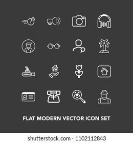 Modern, simple vector icon set on dark background with search, office, audio, megaphone, marine, technology, telephone, name, worker, home, construction, boat, business, photo, flower, property icons
