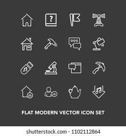 Modern, simple vector icon set on dark background with property, speech, kitchen, bubble, microscope, america, download, chat, internet, tea, sound, house, construction, paper, national, pen icons