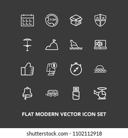 Modern, simple vector icon set on dark background with direction, nature, travel, calendar, service, sunrise, interior, help, east, light, cable, search, air, alarm, day, cardboard, timetable icons
