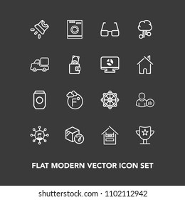 Modern, simple vector icon set on dark background with box, video, status, helm, container, internet, package, projection, communication, tin, screen, thermometer, projector, fahrenheit, scale icons