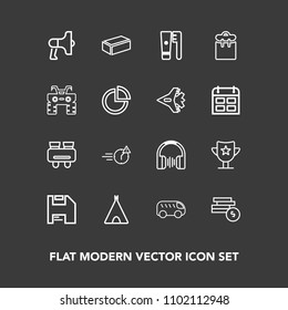 Modern, simple vector icon set on dark background with direction, bus, left, move, adventure, tent, money, material, music, clean, building, business, speaker, care, sound, travel, award, brick icons