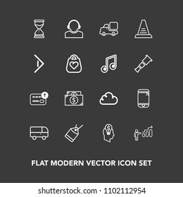 Modern, simple vector icon set on dark background with support, transport, time, finance, hour, cloud, growth, clock, touchscreen, tag, transportation, currency, development, team, center, paper icons