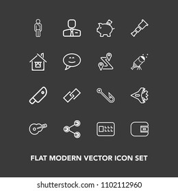 Modern, simple vector icon set on dark background with jetliner, people, jet, male, social, finance, hook, night, bank, employee, knife, safety, investment, money, wallet, cash, business, music icons