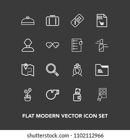 Modern, simple vector icon set on dark background with medical, file, airport, referee, luggage, purse, care, tree, paper, row, object, domino, search, play, sign, device, blank, investment, pin icons
