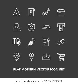 Modern, simple vector icon set on dark background with ice, bugle, cargo, jazz, sign, guitar, holiday, box, dessert, music, musical, gift, hotel, web, ribbon, link, work, tent, download, food icons