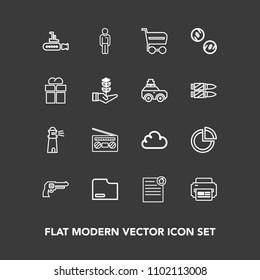 Modern, simple vector icon set on dark background with boy, paper, sea, undersea, file, sign, chart, trolley, marine, currency, document, buy, audio, estate, printer, cloud, finance, real, cash icons