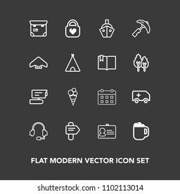 Modern, simple vector icon set on dark background with style, object, call, way, schedule, arrow, emergency, view, leather, car, name, medical, timetable, business, fashion, day, mug, camera, id icons