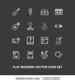 Modern, simple vector icon set on dark background with technology, summer, bank, star, food, people, music, book, earth, pen, owl, juice, person, cocktail, card, notebook, cream, phone, sky, old icons