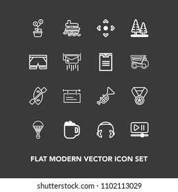 Modern, simple vector icon set on dark background with success, equipment, banner, sky, ocean, coffee, reward, mug, blank, musical, investment, water, vessel, sign, sea, growth, arrow, headphone icons