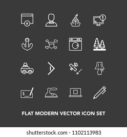 Modern, simple vector icon set on dark background with nautical, internet, button, hand, warning, sea, switch, sign, business, table, ironing, aircraft, profile, desktop, computer, suitcase, car icons