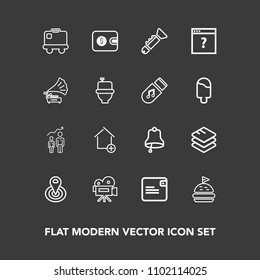 Modern, simple vector icon set on dark background with camera, new, bugle, location, ring, bag, jazz, property, movie, apartment, wallet, food, trumpet, luggage, retro, personal, tomato, house icons