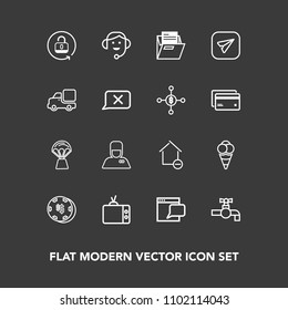 Modern, simple vector icon set on dark background with gambling, ice, travel, web, protection, casino, tv, office, lock, open, faucet, bellhop, screen, property, chat, hotel, bathroom, call, hot icons