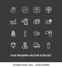 Modern, simple vector icon set on dark background with fahrenheit, leisure, temperature, building, beautiful, movie, europe, retro, vintage, security, protection, fun, scale, success, landmark icons