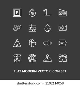 Modern, simple vector icon set on dark background with fahrenheit, marketing, east, outdoor, tent, folder, communication, customer, office, target, equipment, file, temperature, wear, shorts icons