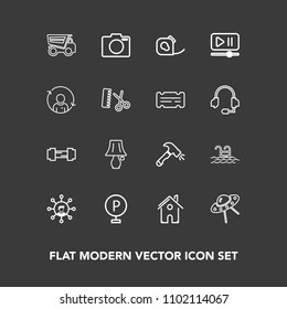 Modern, simple vector icon set on dark background with dumper, friction, table, workout, photo, camera, lens, swimming, vehicle, home, lot, space, insulating, spaceship, water, technology, dump icons