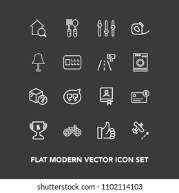 Modern, simple vector icon set on dark background with good, transportation, chat, flight, bubble, wheel, estate, bank, success, home, up, balance, winner, travel, package, office, plane, credit icons