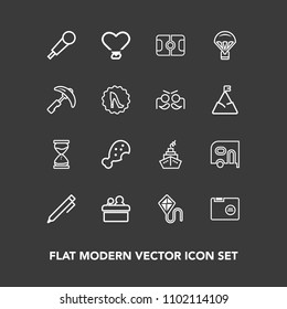 Modern, simple vector icon set on dark background with blank, summer, fast, pen, stadium, clock, food, sound, meeting, karaoke, presentation, transport, , hand, transportation, heart, chicken icons