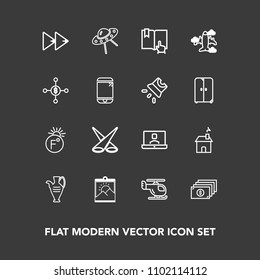 Modern, simple vector icon set on dark background with ufo, internet, spotlight, air, picture, sky, cash, fahrenheit, blank, house, spaceship, call, book, video, thermometer, frame, temperature icons